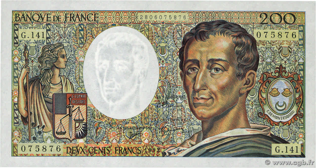 200 Francs MONTESQUIEU FRANCE  1992 F.70.12c UNC