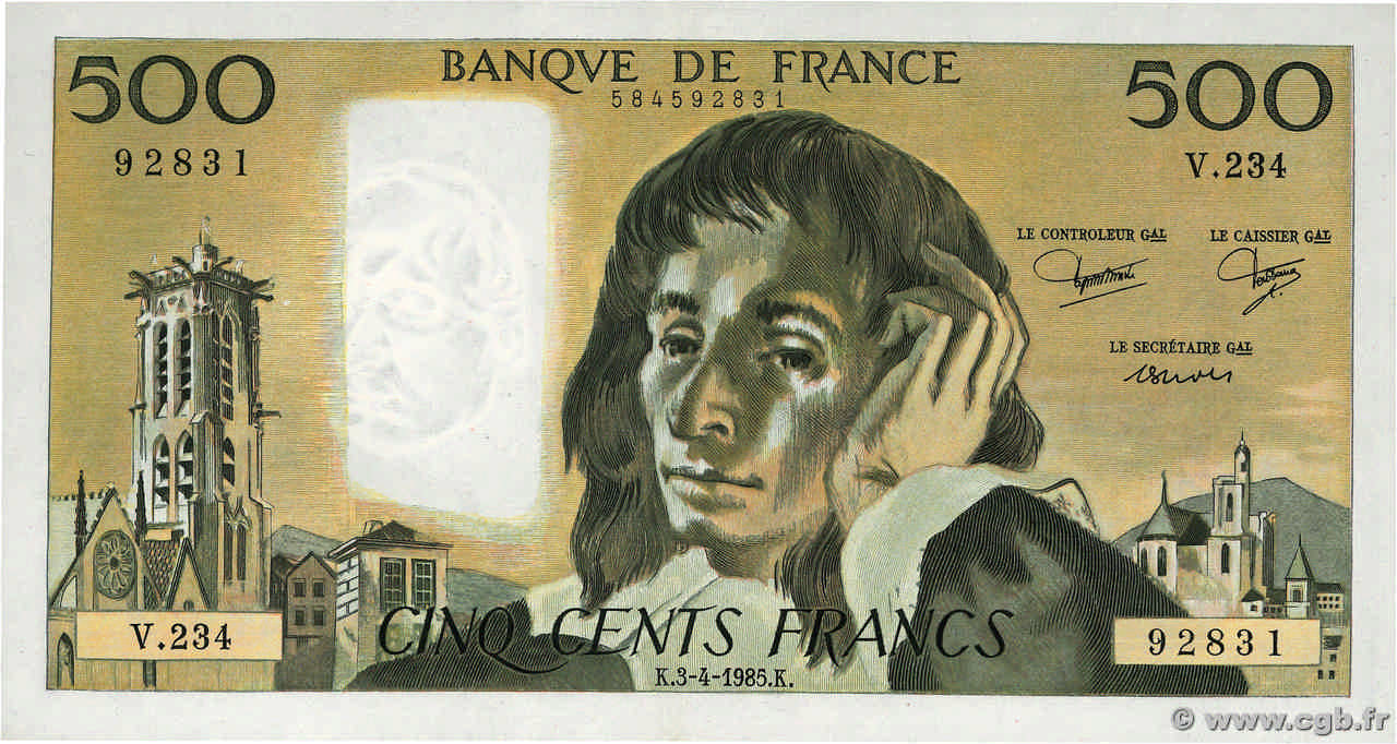 500 Francs PASCAL FRANCE  1985 F.71.33 SUP