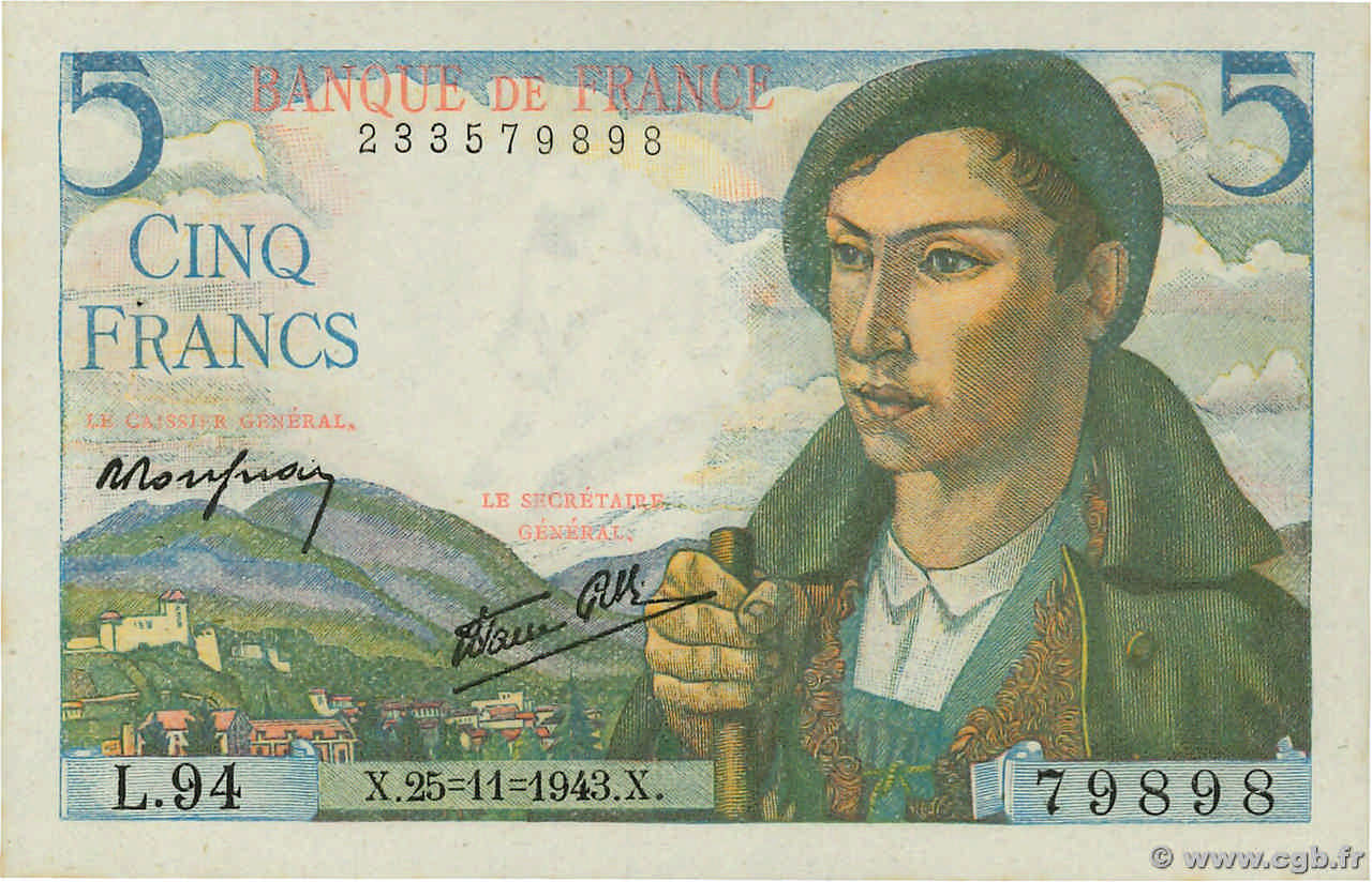 5 Francs BERGER FRANCE  1943 F.05.04 SUP