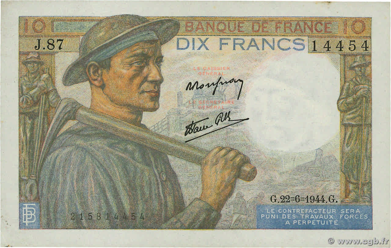 10 Francs MINEUR FRANCE  1944 F.08.12 SUP