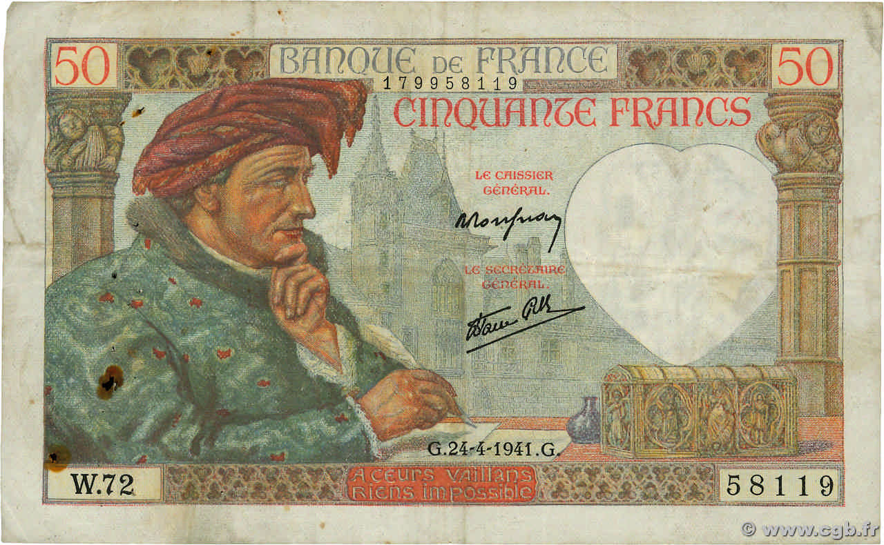 50 Francs JACQUES CŒUR FRANCE  1941 F.19.09 TB