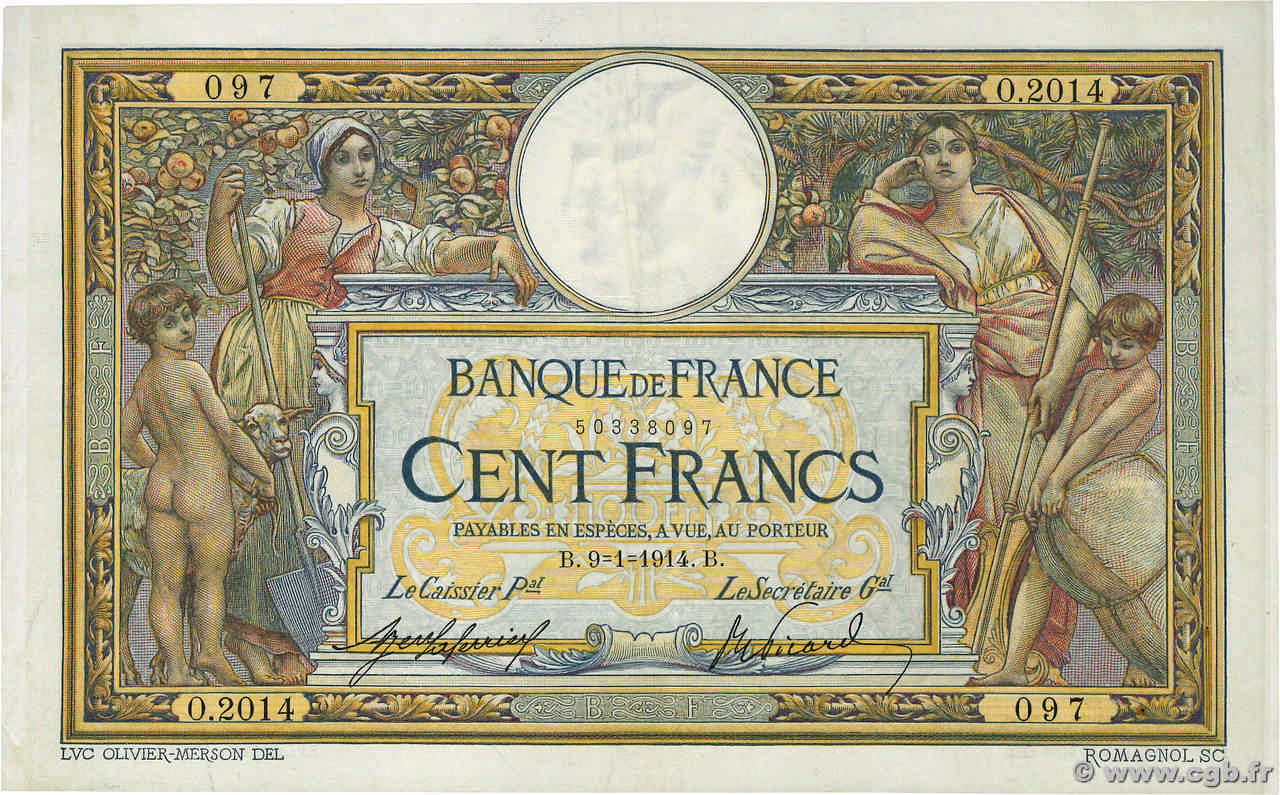 100 Francs LUC OLIVIER MERSON sans LOM FRANCE  1914 F.23.06 TB