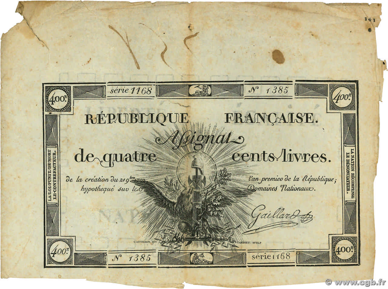 400 Livres FRANCE  1792 Ass.38a TB+