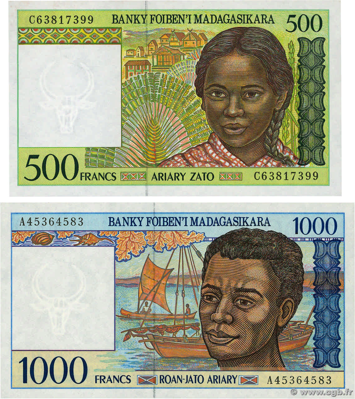 500 Francs - 100 Ariary et 1000 Francs - 200 Ariary Lot MADAGASCAR  1994 P.075b et P.076a UNC-