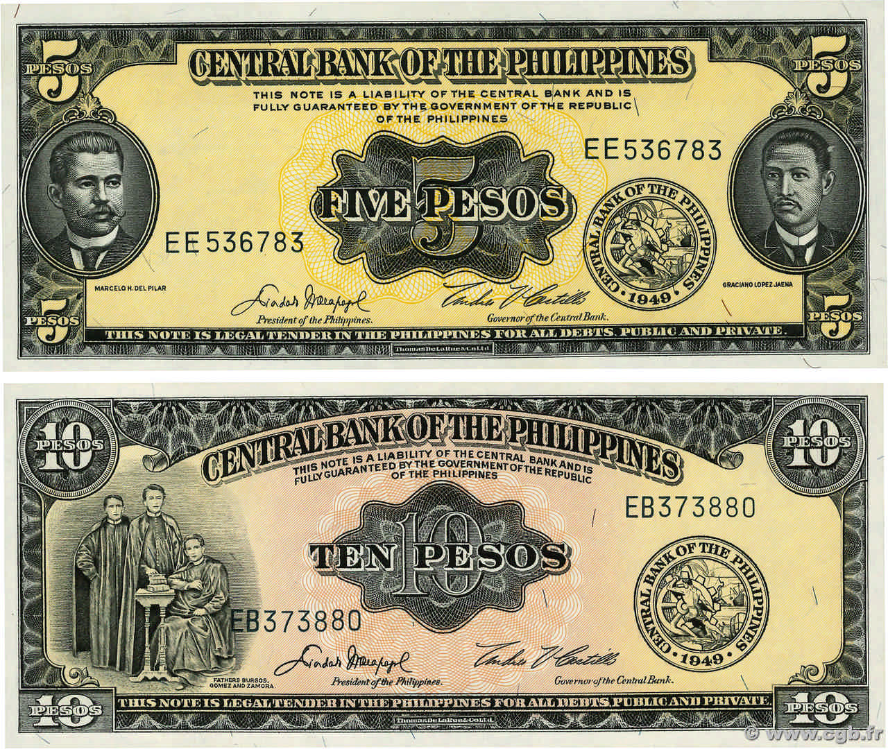5  et 10 Pesos Lot PHILIPPINES  1949 P.135e et P.136e pr.NEUF