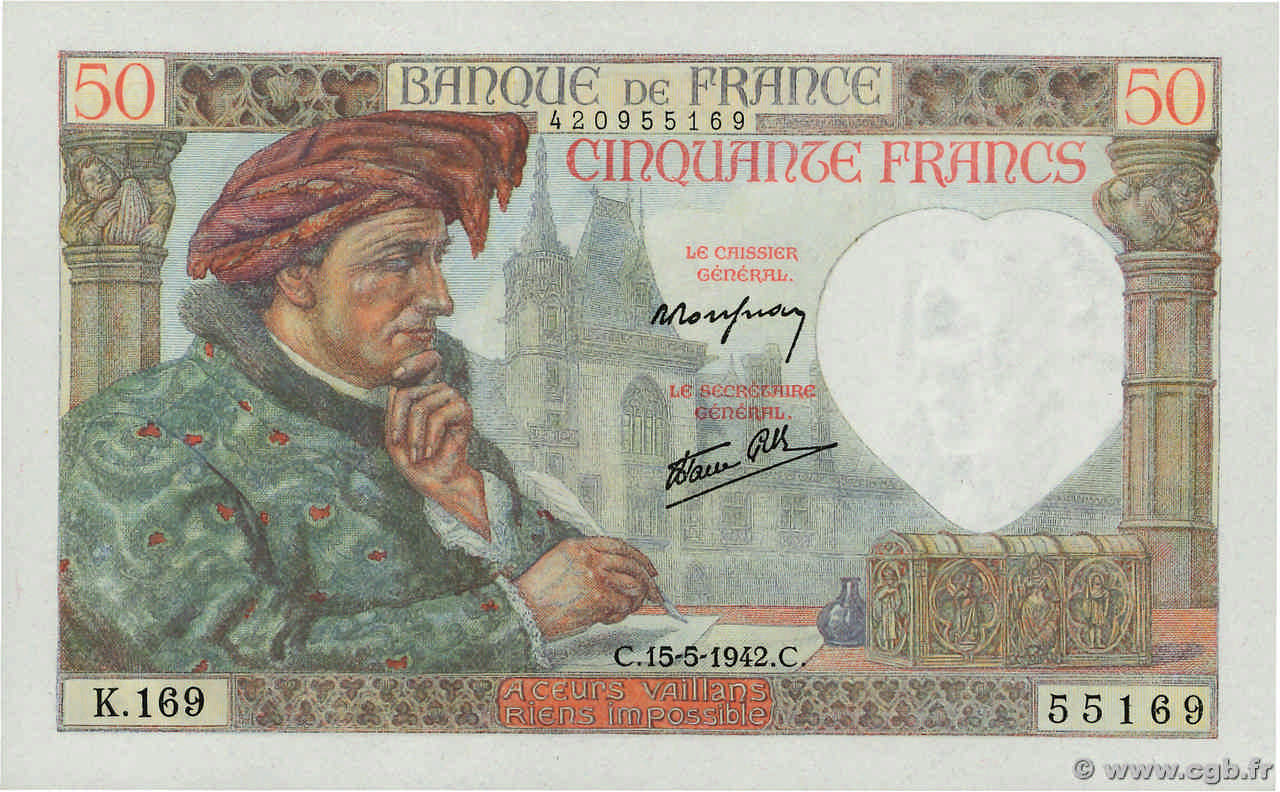 50 Francs JACQUES CŒUR FRANCE  1942 F.19.20 NEUF