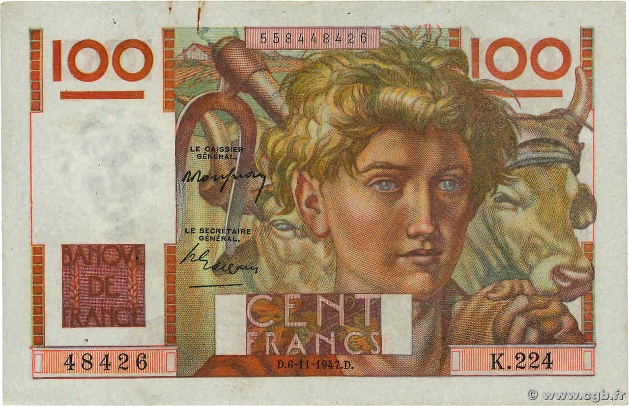 100 Francs JEUNE PAYSAN FRANCE  1947 F.28.16 SUP