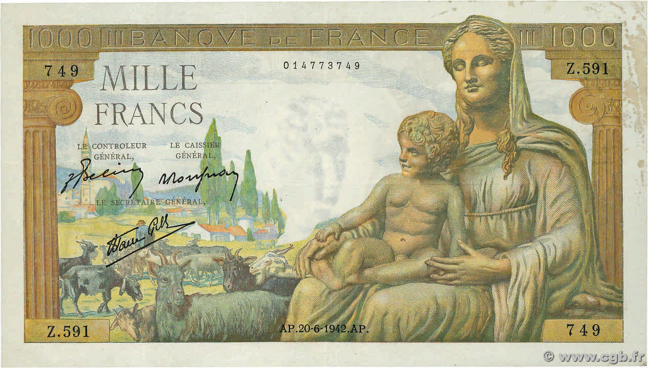 1000 Francs DÉESSE DÉMÉTER FRANKREICH  1942 F.40.03 SS