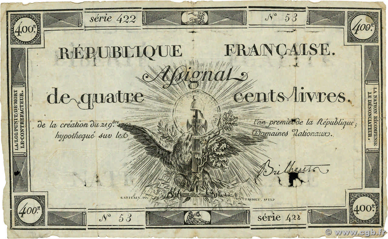 400 Livres FRANCE  1792 Ass.38a B