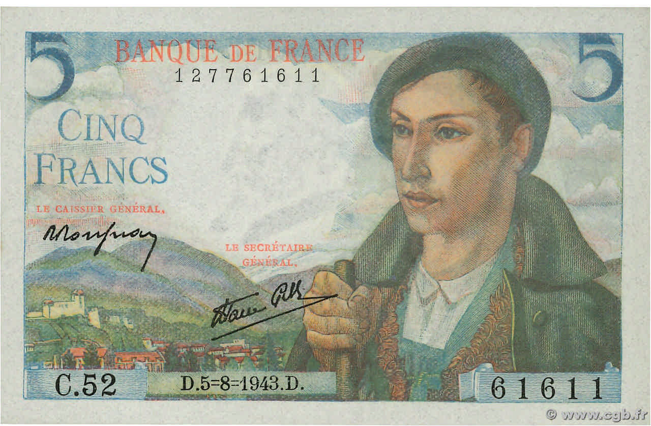 5 Francs BERGER FRANCE  1943 F.05.03 NEUF