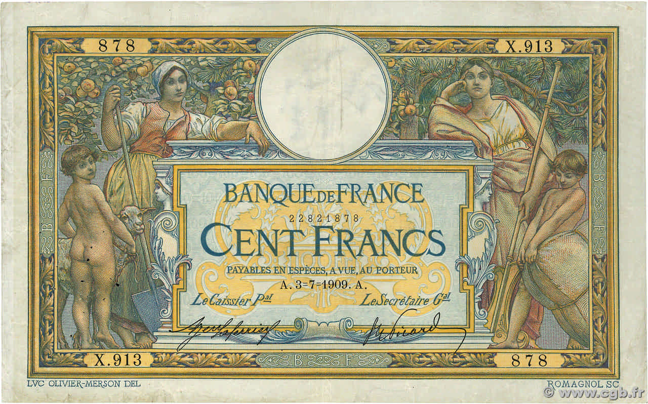 100 Francs LUC OLIVIER MERSON sans LOM FRANCE  1909 F.23.01 TB