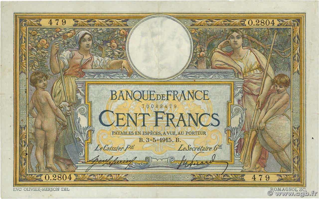 100 Francs LUC OLIVIER MERSON sans LOM FRANCE  1915 F.23.07 TB