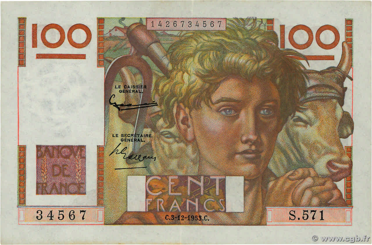 100 Francs JEUNE PAYSAN FRANCE  1953 F.28.40 pr.SPL