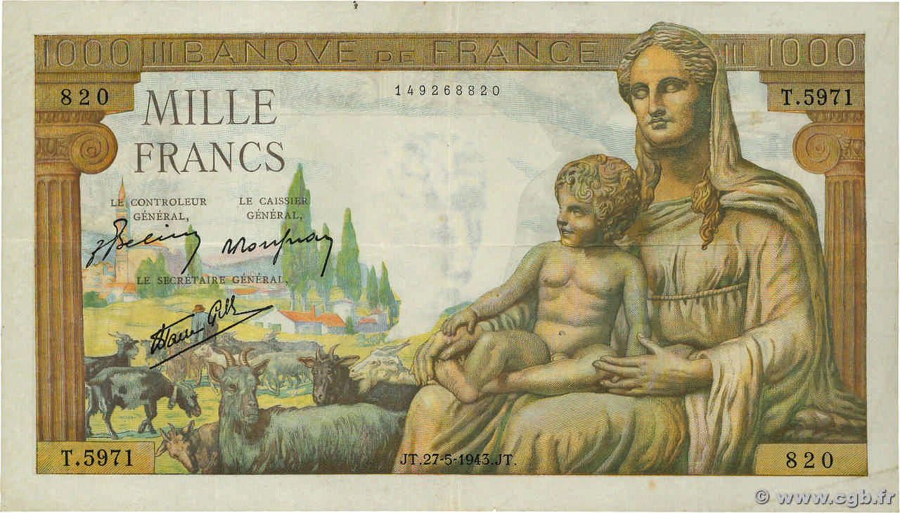 Billet France 1000 Francs - Déesse Déméter - 20-06-1942 - Série V.628