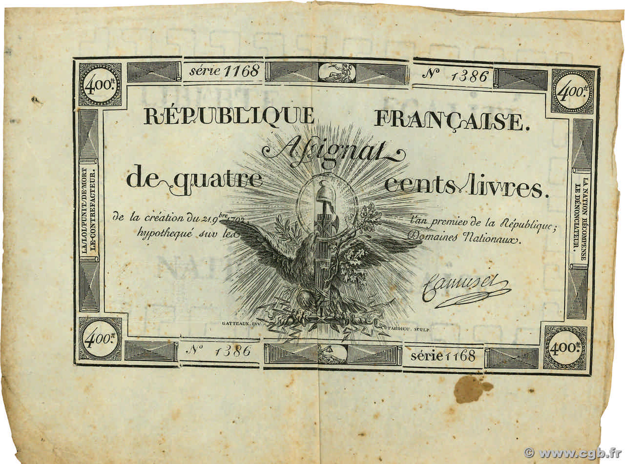 400 Livres FRANCE  1792 Ass.38a TB+