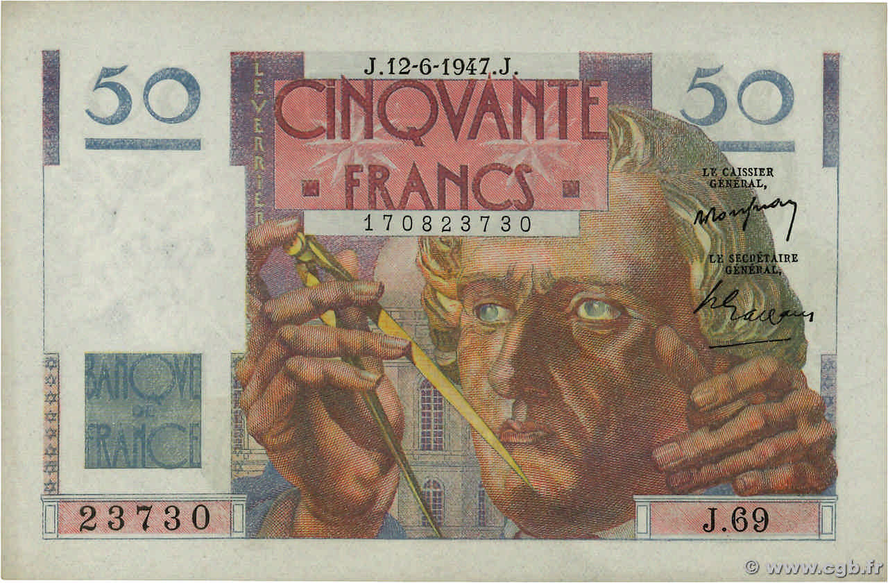 50 Francs LE VERRIER FRANCIA  1947 F.20.08 q.FDC