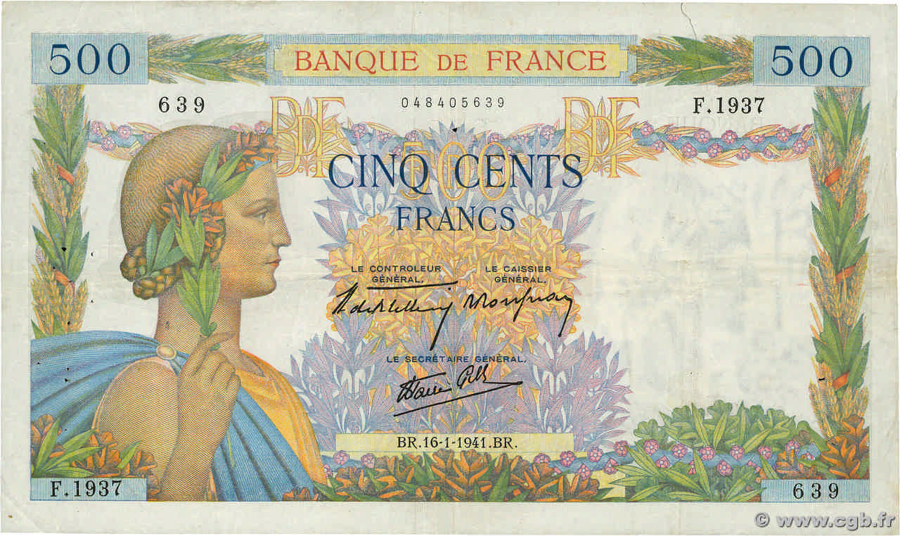 500 Francs LA PAIX FRANCE  1941 F.32.13 TB+