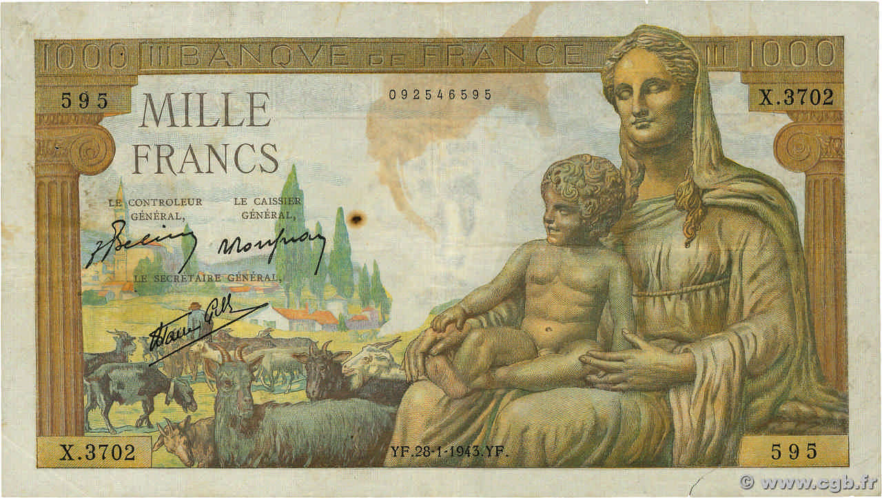 1000 Francs DÉESSE DÉMÉTER FRANCE  1943 F.40.17 TB