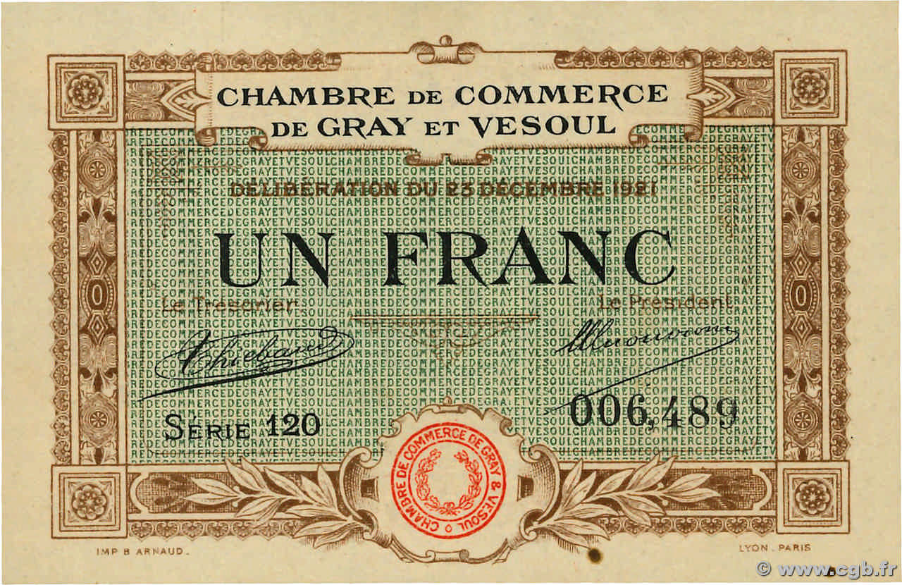 1 Franc FRANCE régionalisme et divers Gray et Vesoul 1921 JP.062.21 SPL+