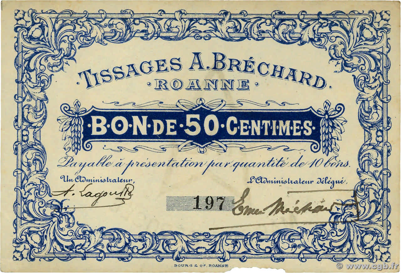 50 Centimes FRANCE régionalisme et divers Roanne  1920 JP.042.42-49 SUP+
