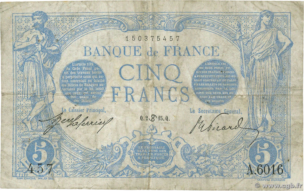 5 Francs BLEU FRANCE  1915 F.02.28 TB