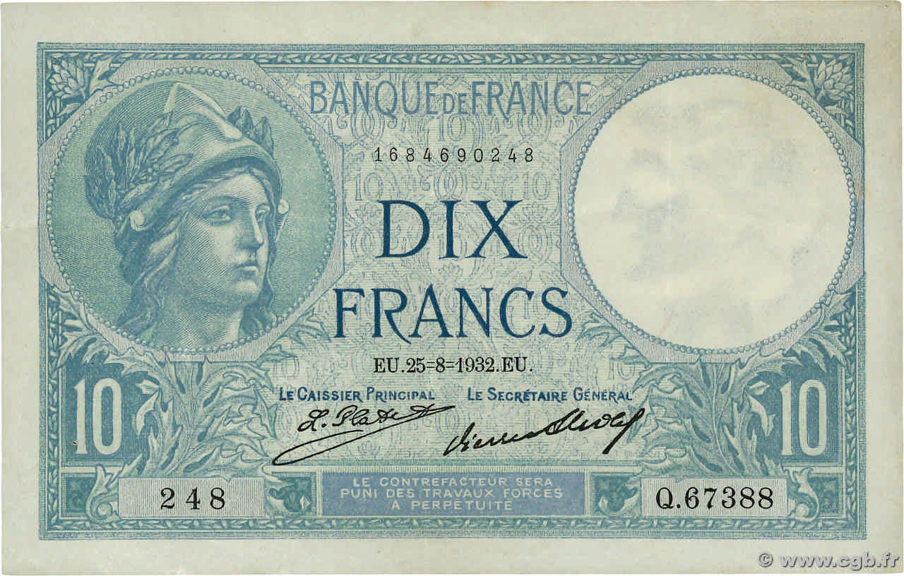 10 Francs MINERVE FRANCE  1932 F.06.16 TTB+
