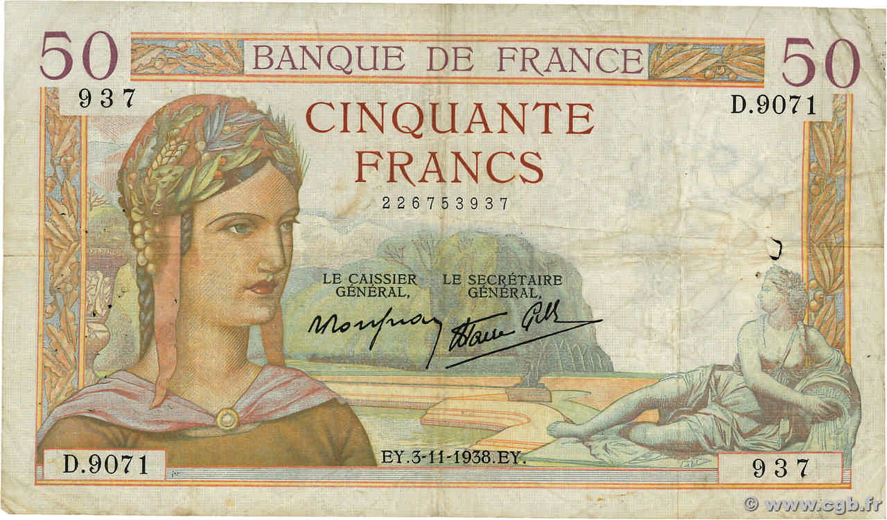 50 Francs CÉRÈS modifié FRANCE  1938 F.18.18 B+