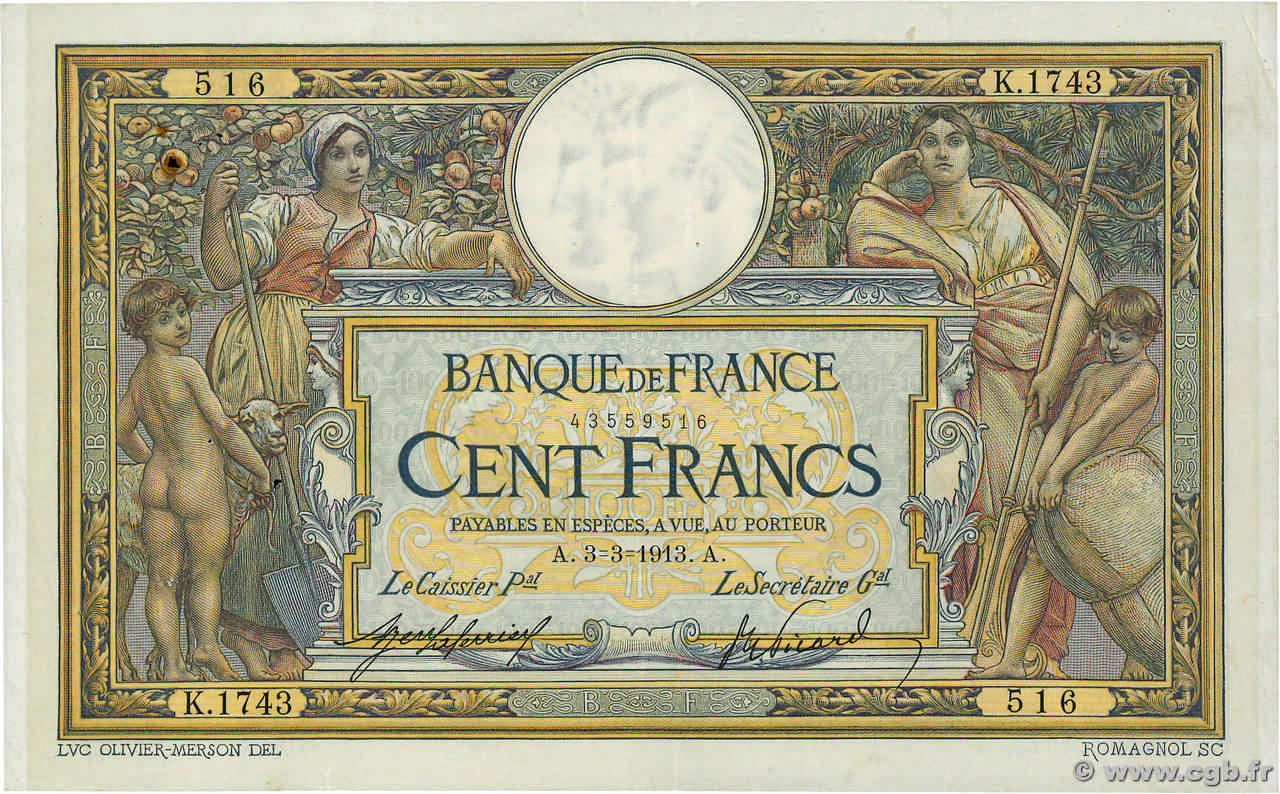 100 Francs LUC OLIVIER MERSON sans LOM FRANCE  1913 F.23.05 TTB