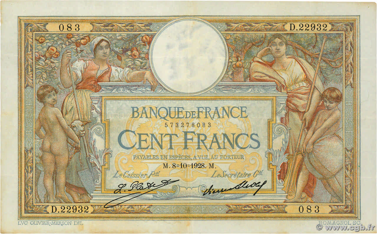 100 Francs LUC OLIVIER MERSON grands cartouches FRANCE  1928 F.24.07 TTB+