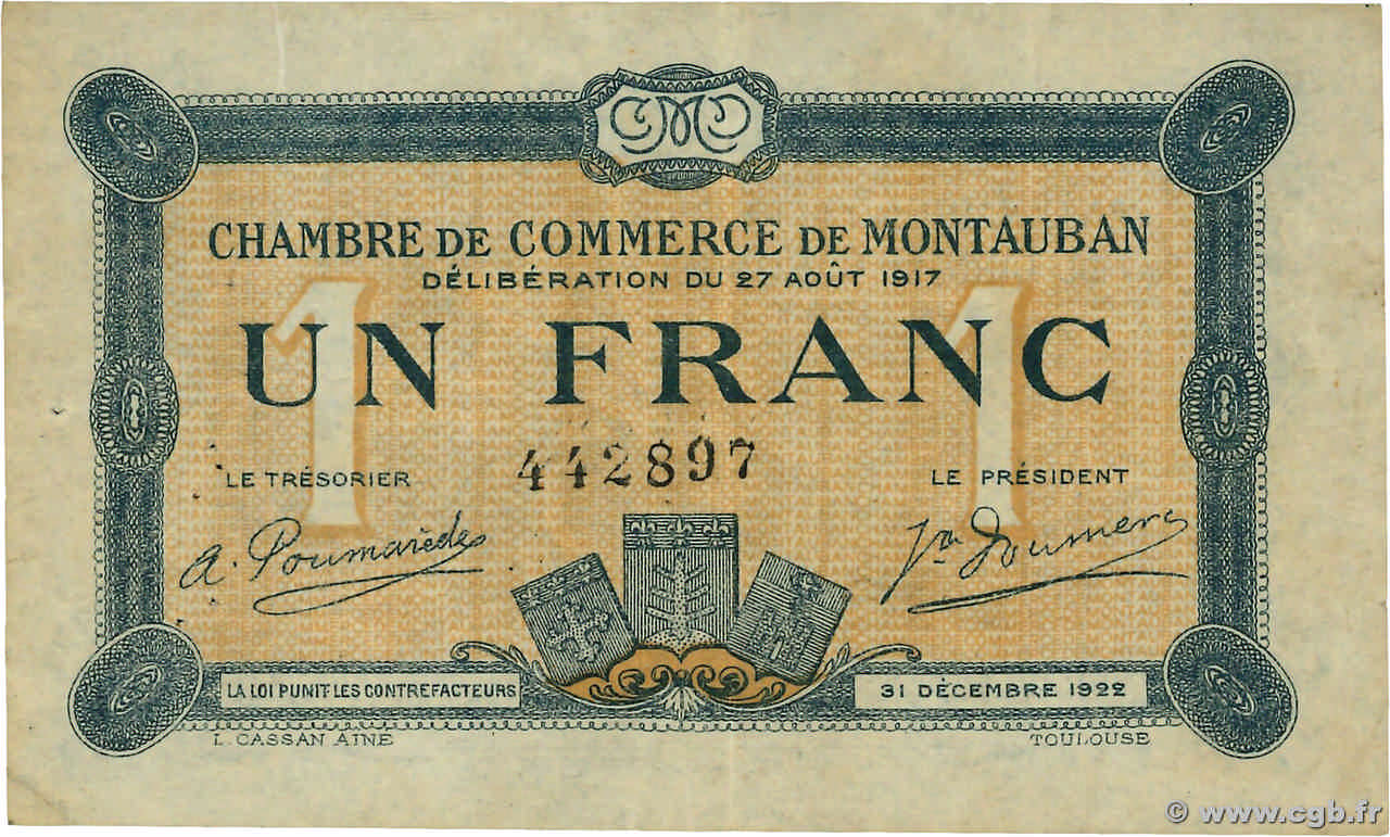 1 Franc FRANCE régionalisme et divers Montauban 1917 JP.083.15 TTB