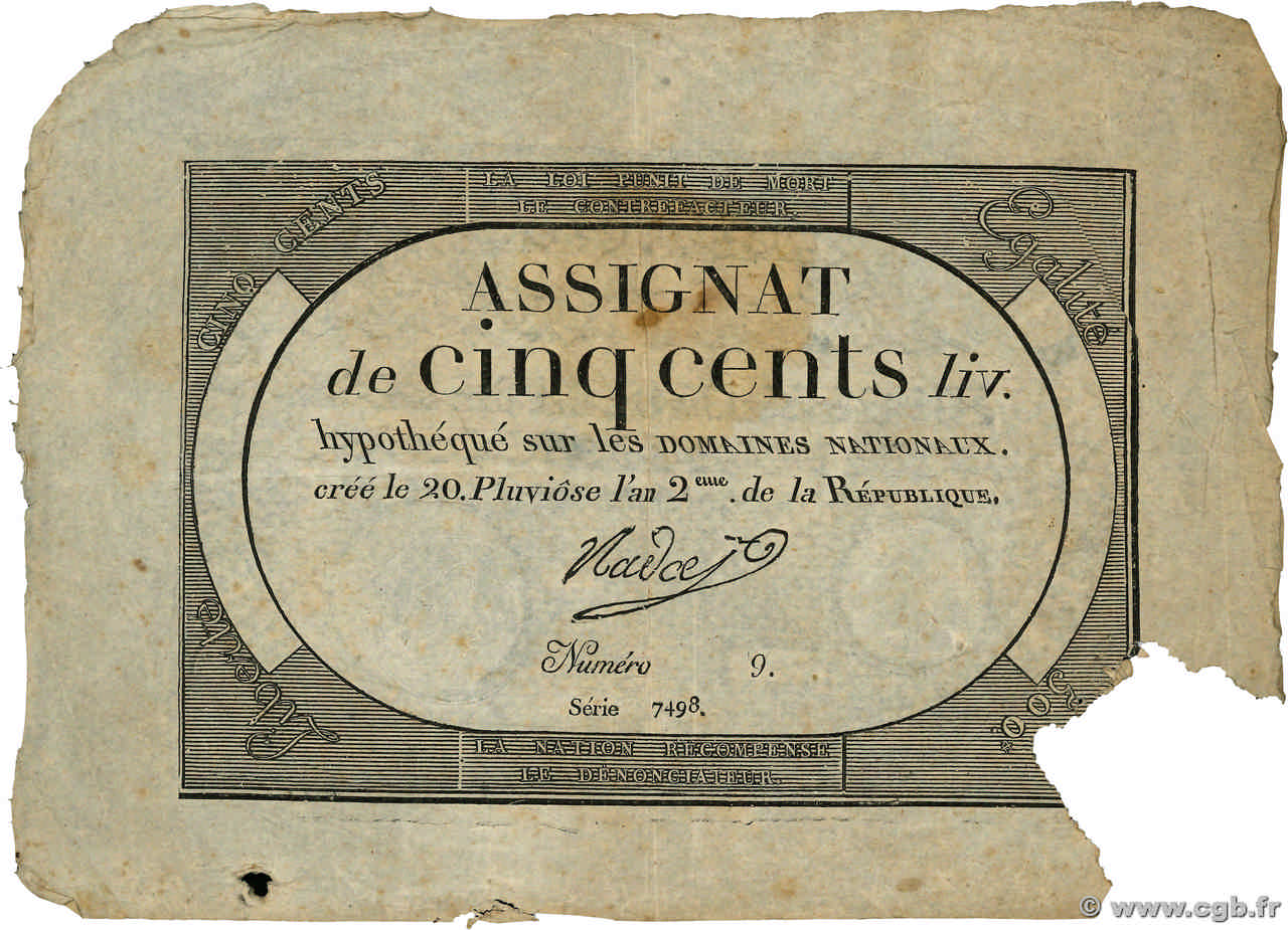 500 Livres FRANCE  1794 Ass.47 F