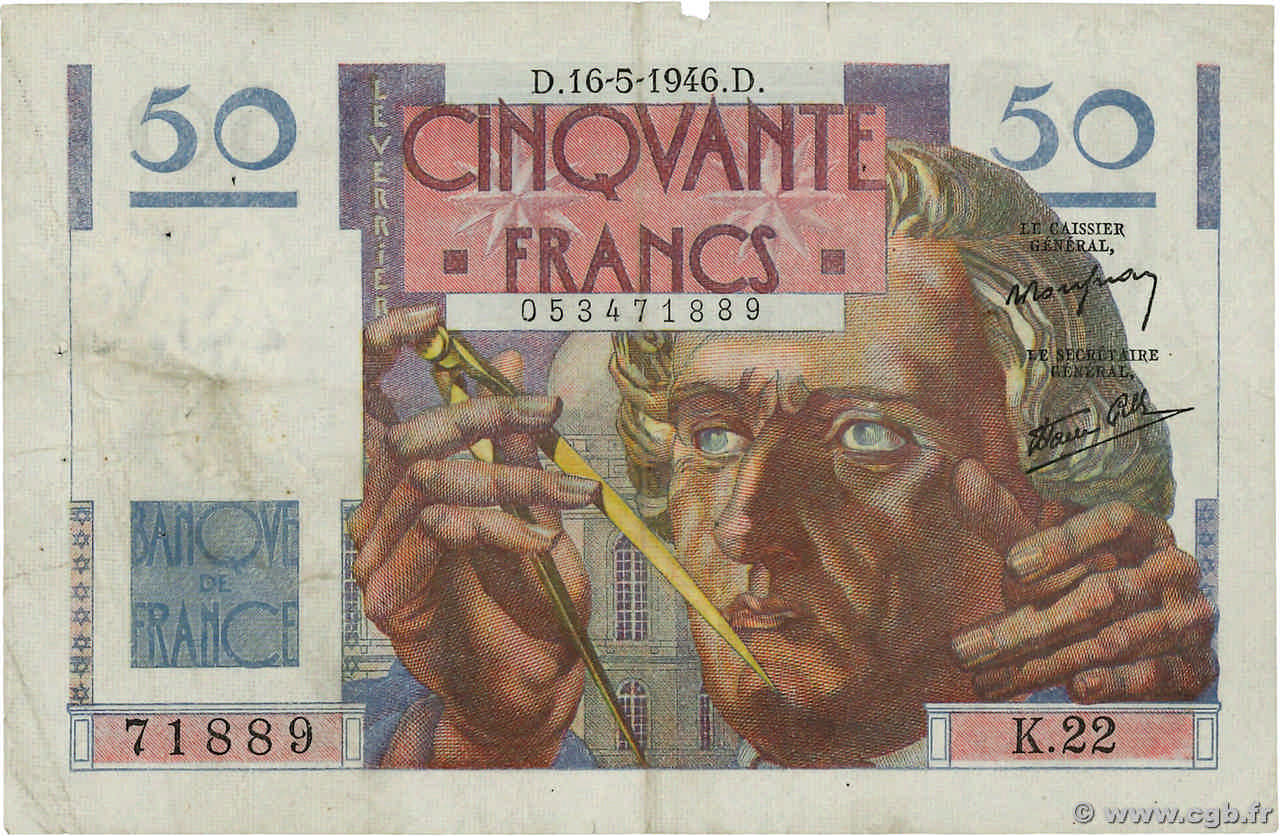 50 Francs LE VERRIER FRANCE  1946 F.20.04 F