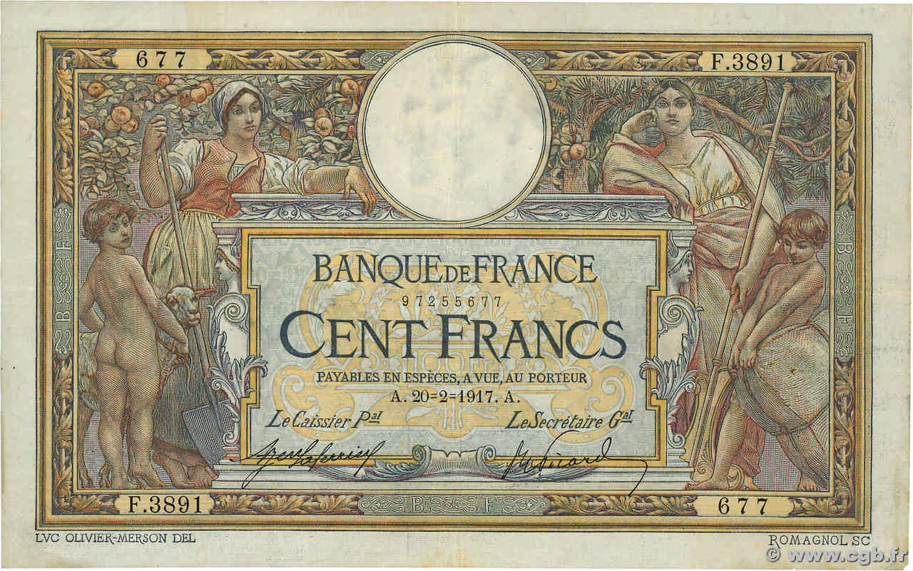 100 Francs LUC OLIVIER MERSON sans LOM FRANCE  1917 F.23.09 TB