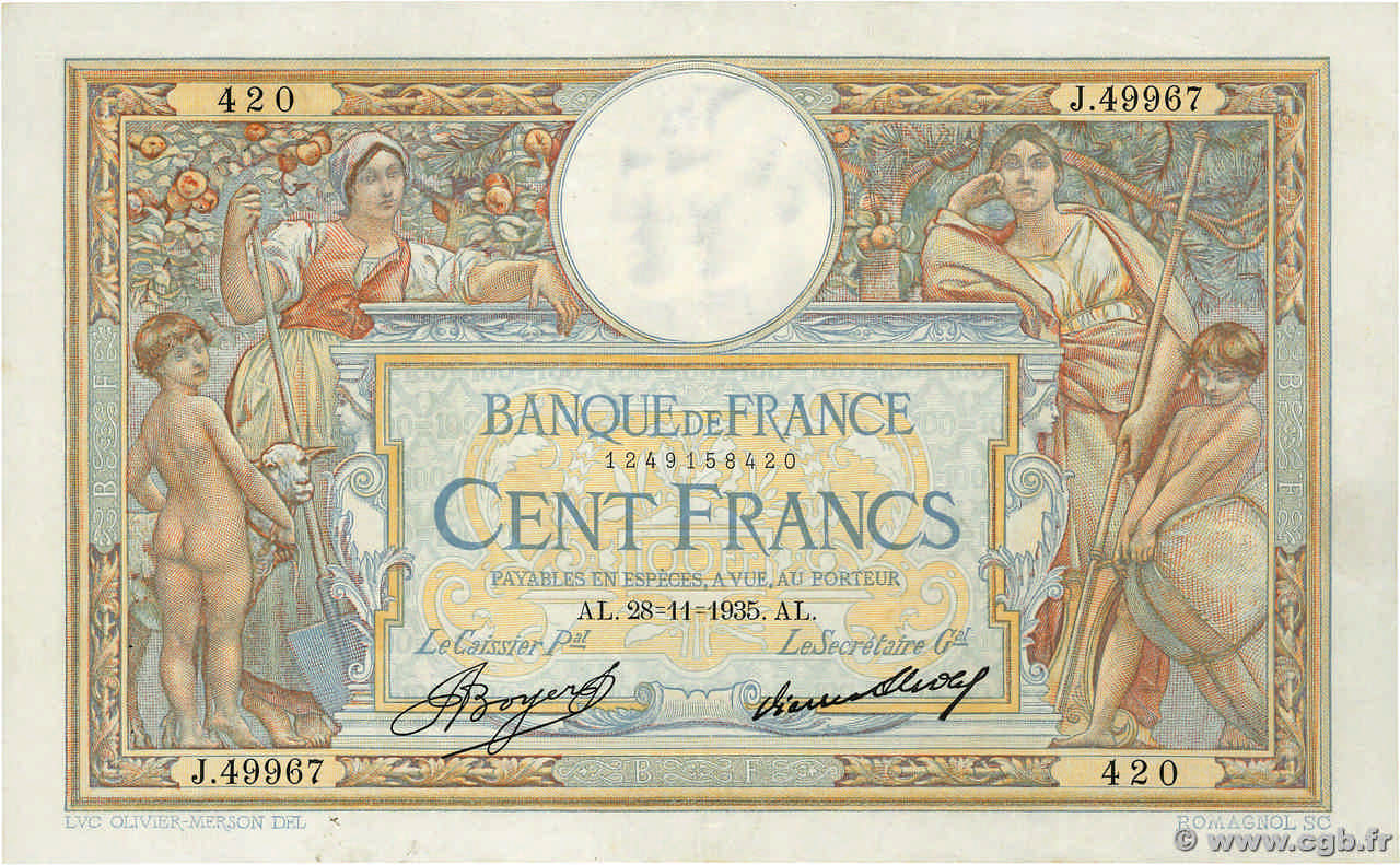100 Francs LUC OLIVIER MERSON grands cartouches FRANCE  1935 F.24.14 TTB+