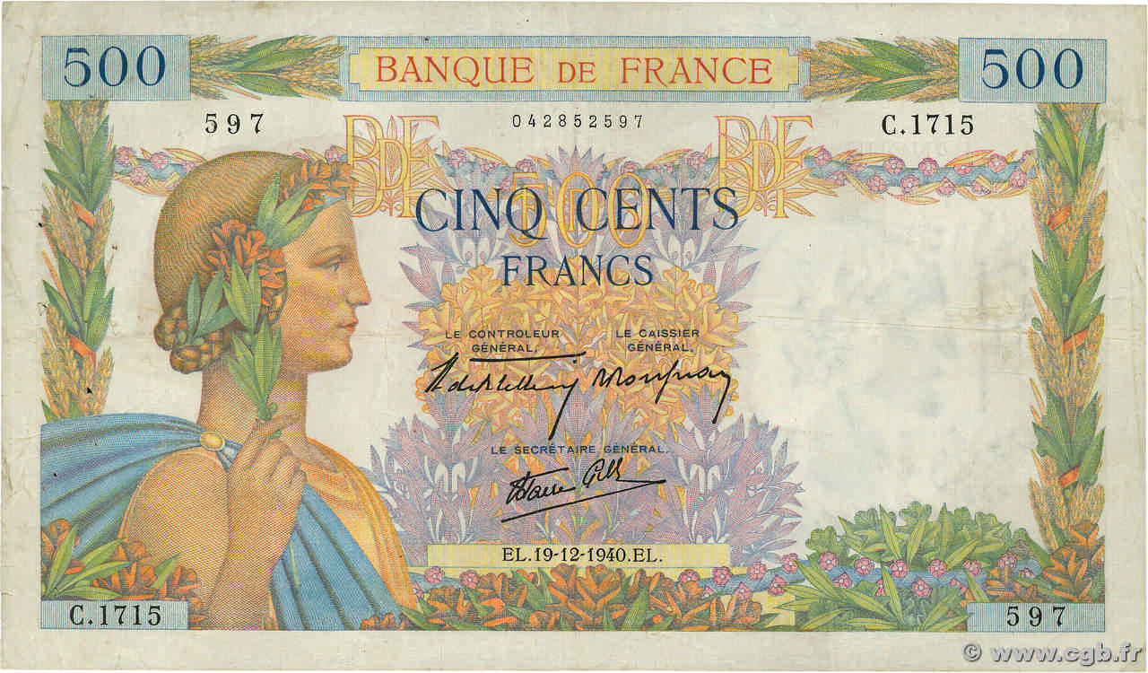 500 Francs LA PAIX FRANCE  1940 F.32.11 pr.TTB