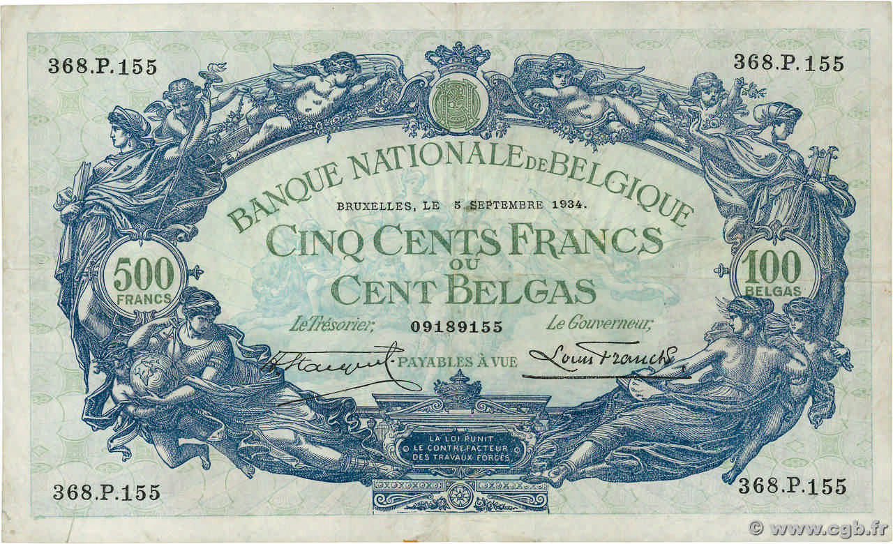 500 Francs - 100 Belgas BELGIQUE  1934 P.103 TTB+