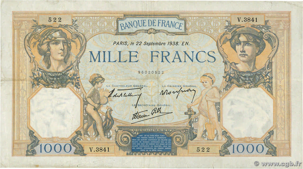 1000 Francs CÉRÈS ET MERCURE type modifié FRANCE  1938 F.38.27 TB