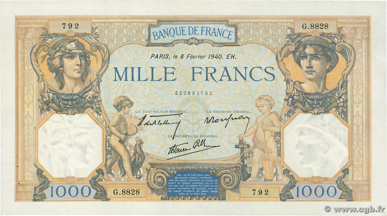 1000 Francs CÉRÈS ET MERCURE type modifié FRANCE  1940 F.38.42 SUP