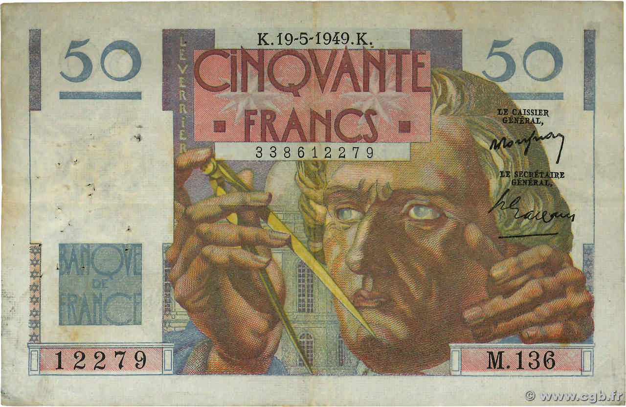 50 Francs LE VERRIER FRANCE  1949 F.20.12 VF