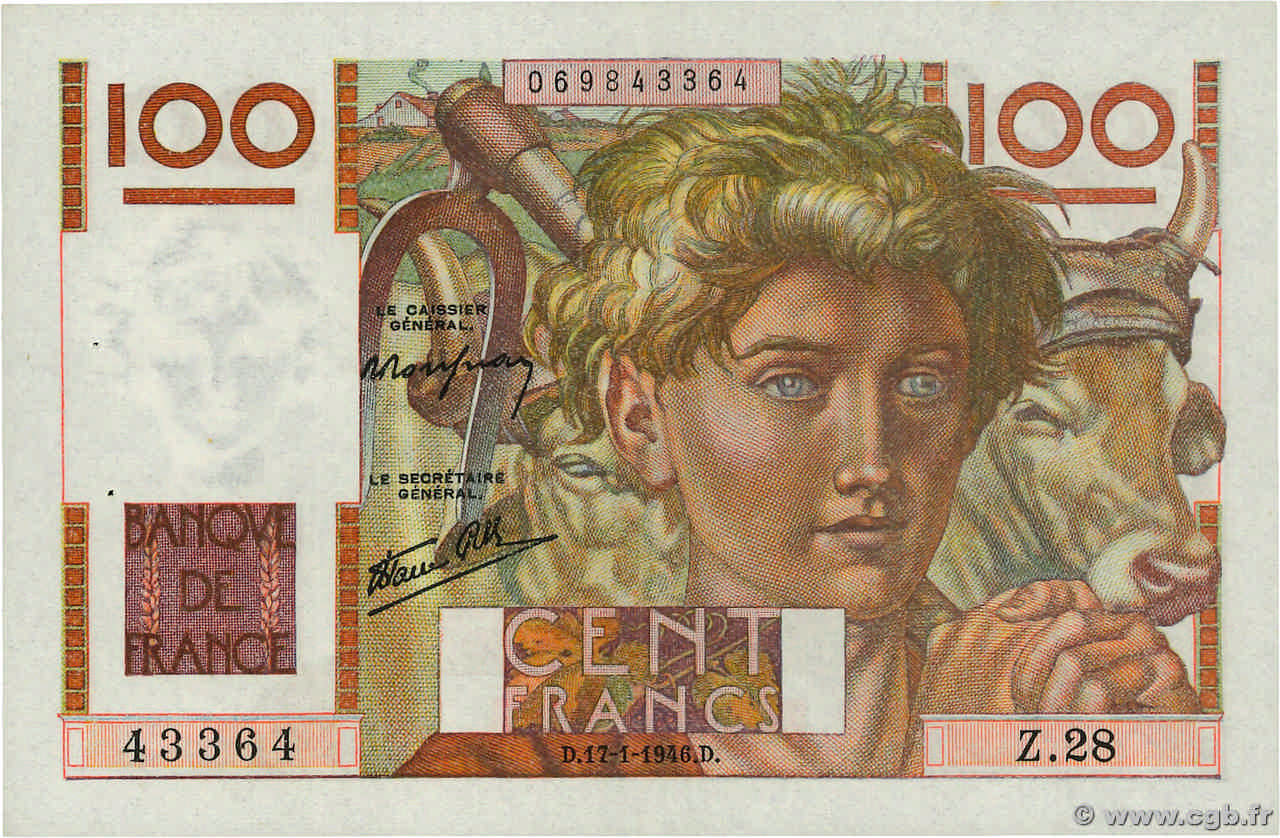 100 Francs JEUNE PAYSAN FRANCE  1946 F.28.02 SUP