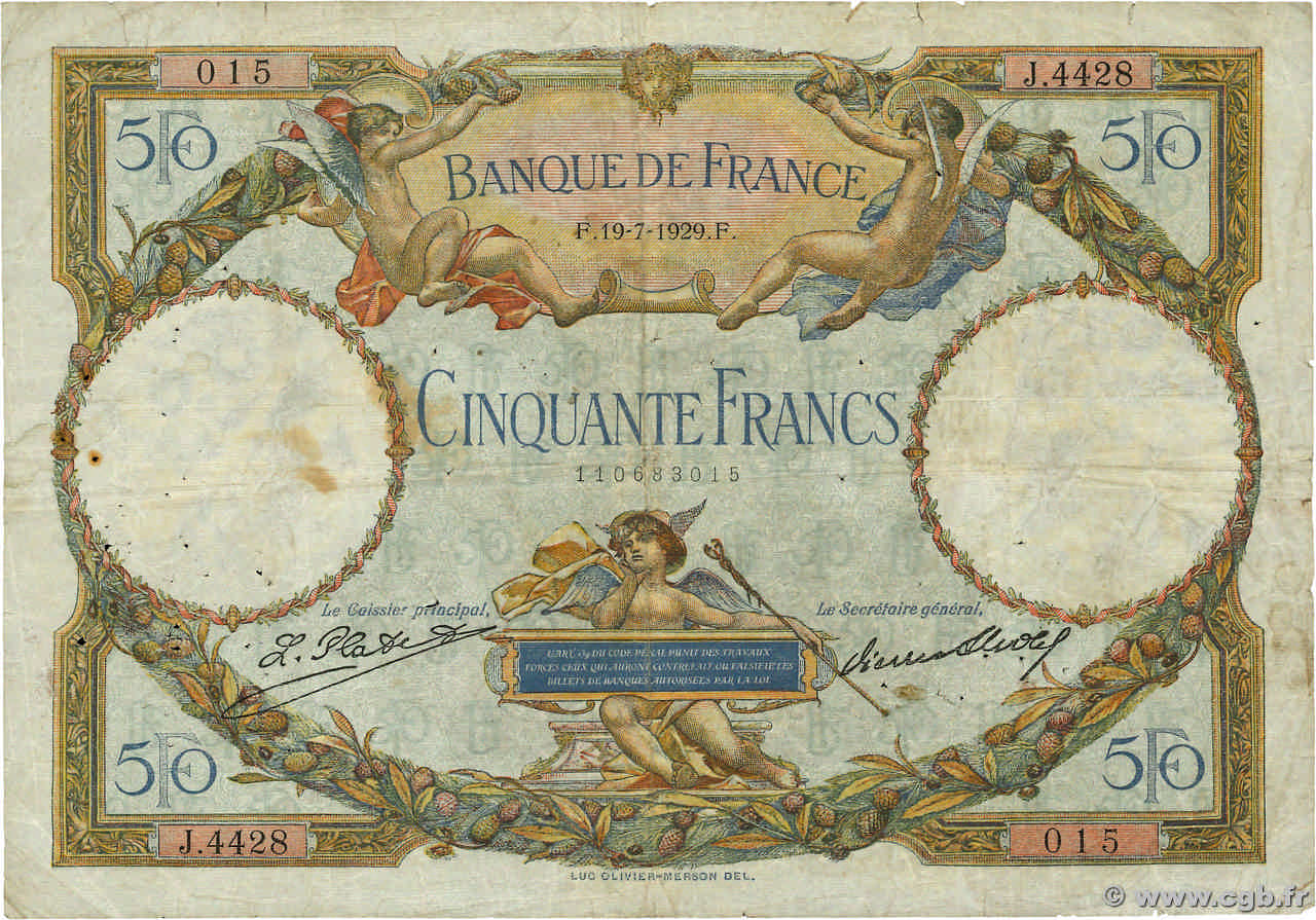 50 Francs LUC OLIVIER MERSON FRANCE  1929 F.15.03 B+