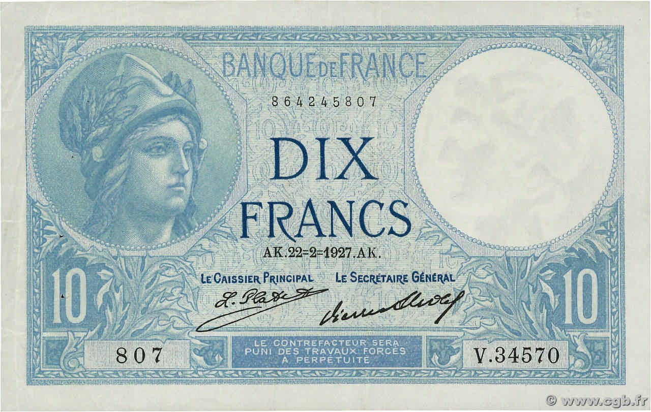 10 Francs MINERVE FRANCE  1927 F.06.12 VF