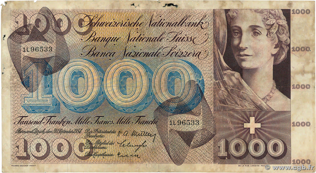 1000 Francs SUISSE  1957 P.52b B+