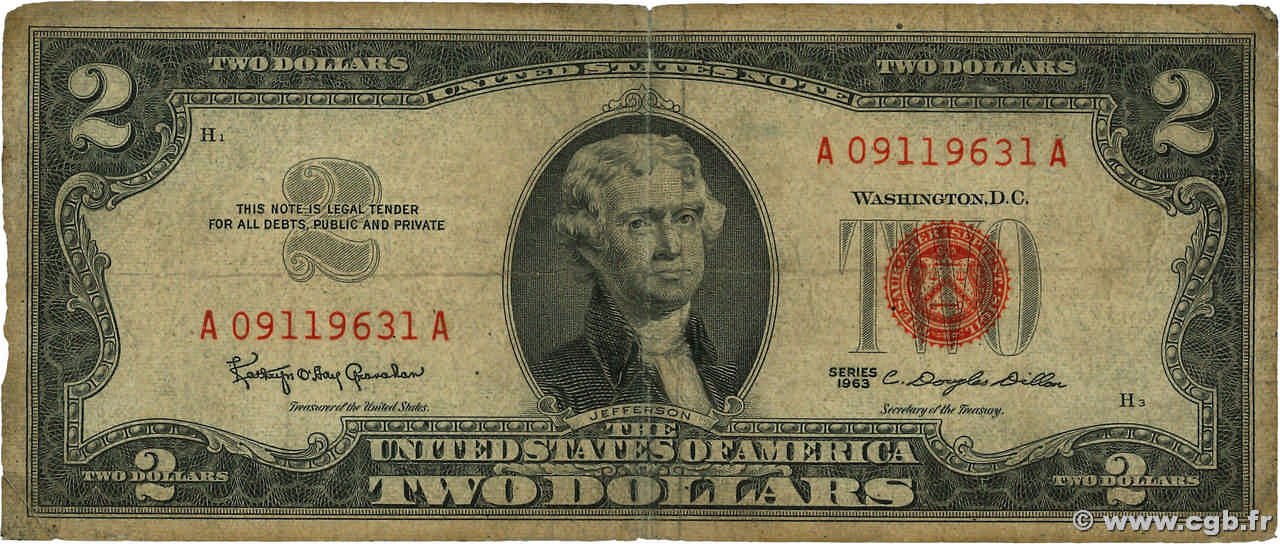 2 Dollars ÉTATS-UNIS D AMÉRIQUE  1963 P.382b B