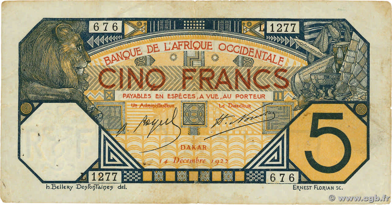 5 Francs DAKAR AFRIQUE OCCIDENTALE FRANÇAISE (1895-1958) Dakar 1922 P.05Bb TB+