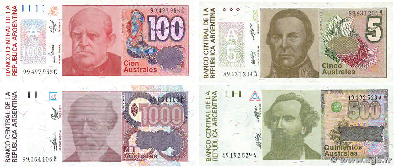 5, 100, 500 et 1000 Australes Lot ARGENTINE  1986 P.324b, P.327c, P.328b et P.329 NEUF