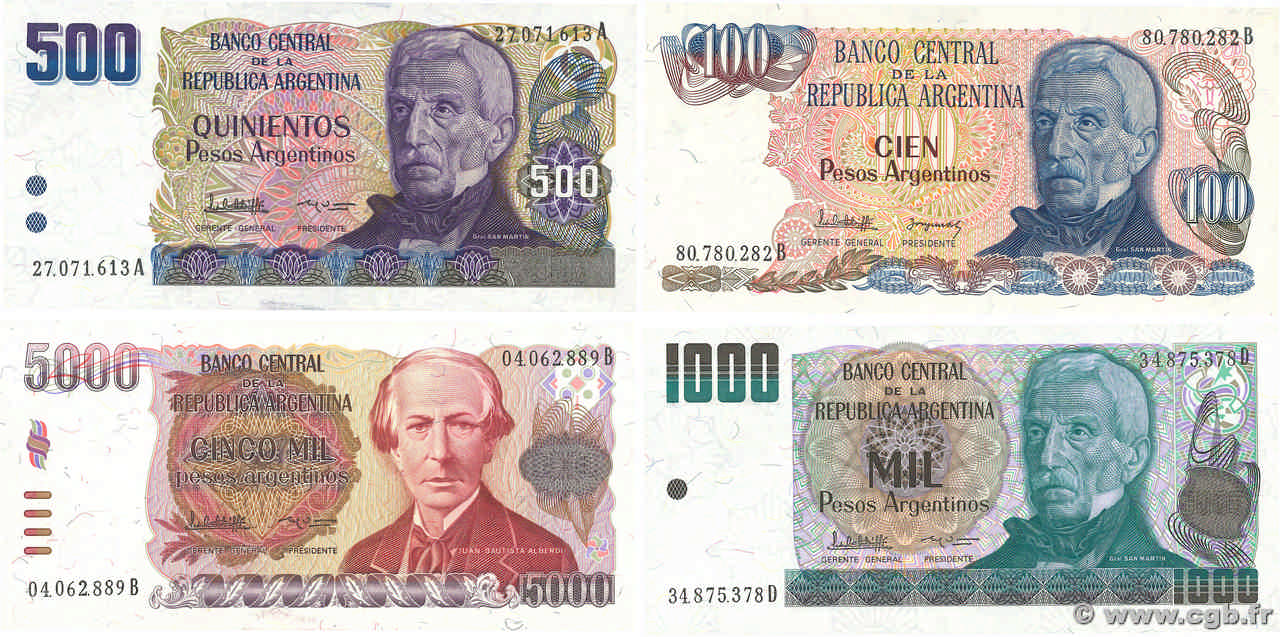 100, 500, 1000 et 5000 Pesos Argentinos Lot ARGENTINE  1983 P.315a, P.316, P.317 et P.318, NEUF