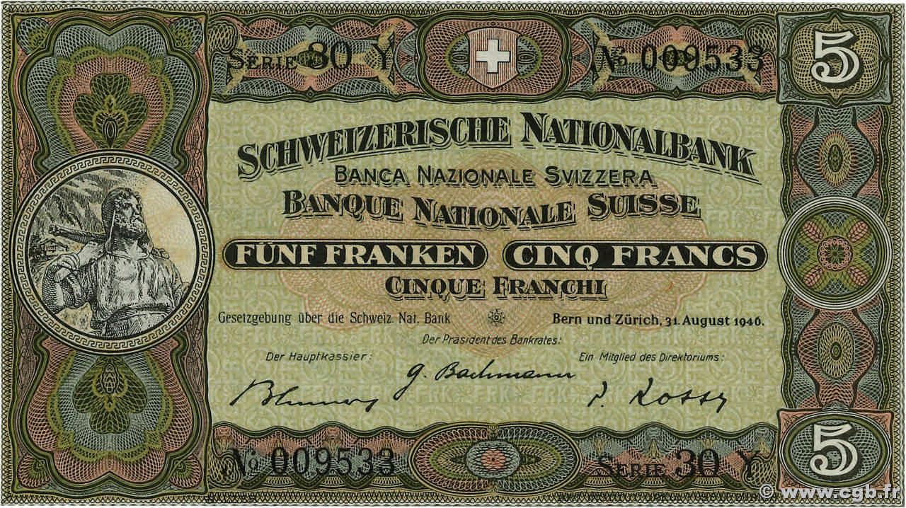 5 Francs SWITZERLAND  1946 P.11l XF+