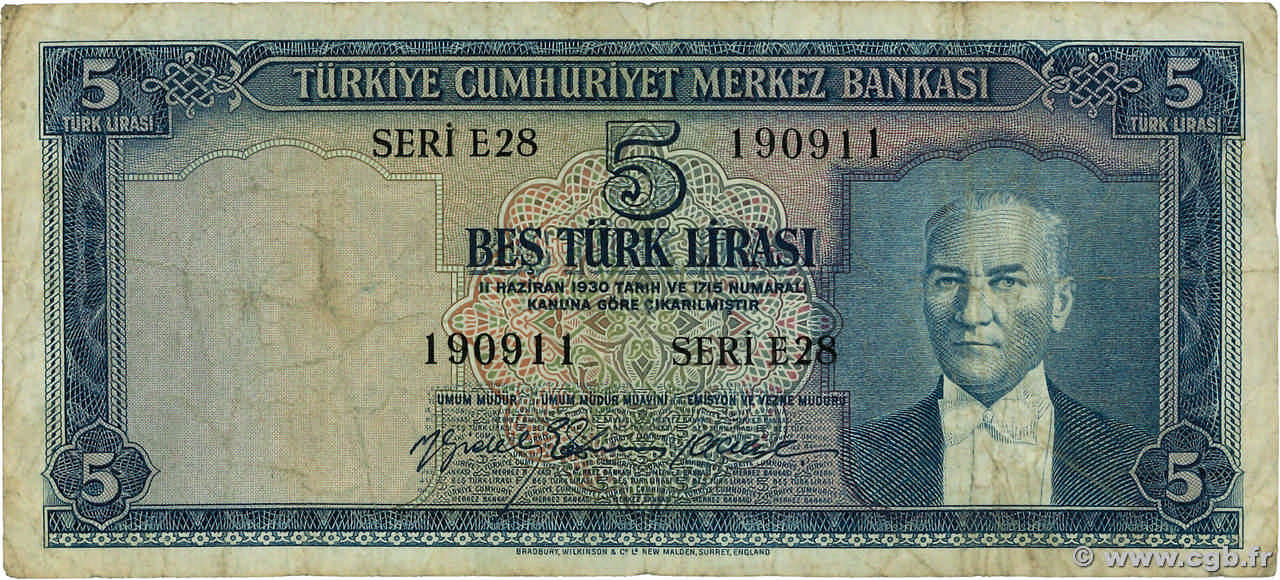5 Lira TURQUIE  1959 P.155a pr.TB