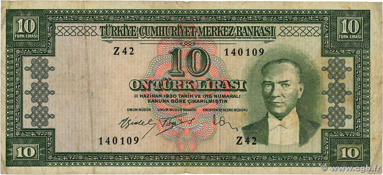 10 Lira TURKEY 1961 P.160 b84_5036 纸钞